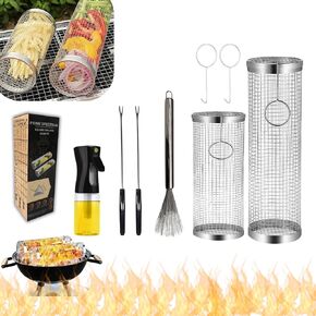 Rolling Grilling Basket for Outdoor Grilling - 2PCS - Stainless Steel BBQ Accessories, Grill Accessories for Outdoor Grill & Camping Cooking, The Perfect Way to Grill Vegetables
