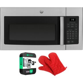 GE JVM3160RFSS 1.6 Cu. Ft. Over-the-Range Microwave Oven Stainless Steel Bundle with Deco Chef Pair of Red Heat Resistant Oven Mitt and 3 YR CPS Enhanced Protection Pack