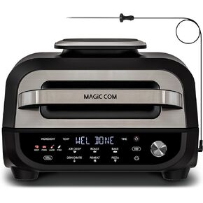 MAGiC COM Indoor Grill and Air Fryer, 7-in-1 Electric Grill with Steak, Roast, Air Crisp, Bake, Dehydrate, Pizza and Reheat. Smart Thermometer, Non-Stick, Dishwasher Safe/Black