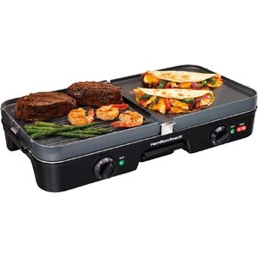 Hamilton Beach 3-in-1 Electric Indoor Grill + Griddle, 8-Serving, Reversible Nonstick Plates, 2 Cooking Zones with Adjustable Temperature (38546), Black