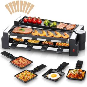 FOHERE Raclette Grill, 2-in-1 Rotatable Electric Indoor Raclette Table Grill, 1400W Raclette Machine for 8 with Reversible Non-Stick Plates, Includes 8 Cheese Pans for Family and Parties Fun