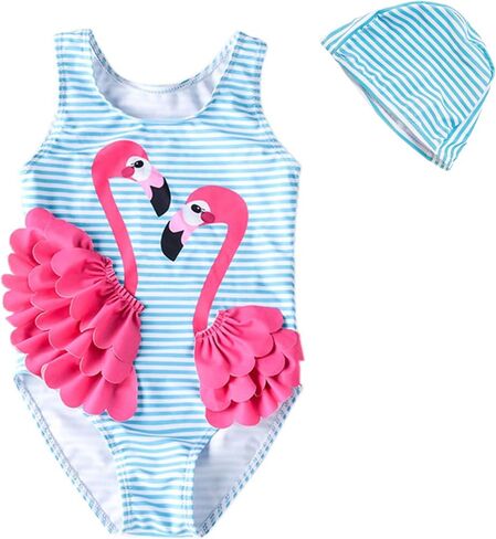 Baby Girls One Piece Swimsuit 12M-5T Toddler Flamingo Bathing Suit with Hat | Soft lining,anti-see through,pull-on,includes swim hat,stretchy,quick dry,12M-5T baby girl swimwear in Saudi Arabia