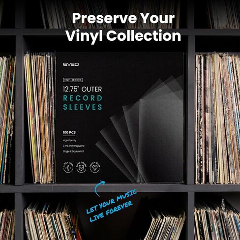EVEO 100 Vinyl Record Sleeves Outer – Crystal Clear Outer Vinyl Sleeves LP Album Covers 12.75"x12.75" | Perfect Fit Protective 3 Mil Protection for Single & Double LPs - Archival Quality in Kuwait