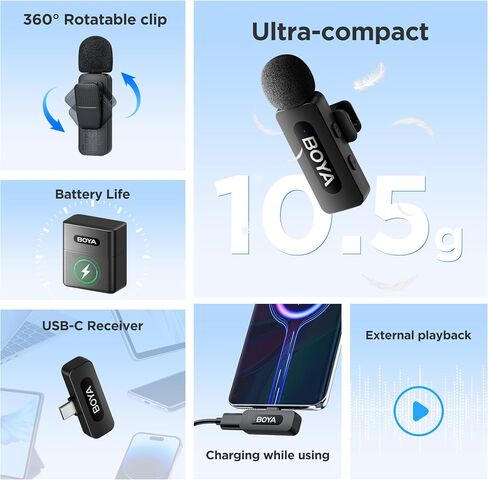 Boya BY-V30 لافالييه لافالييه الميكروفون ، USB Type-C Mini Mini MICs لـ iPhone16 ، الهاتف الذكي Android ، بطارية 36 ساعة ، تقليل الضوضاء ، 328 قدمًا من مكثف المكثف لمقابلة YouTube Tiktok in Kuwait