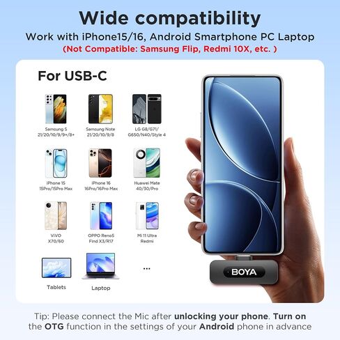Boya BY-V30 لافالييه لافالييه الميكروفون ، USB Type-C Mini Mini MICs لـ iPhone16 ، الهاتف الذكي Android ، بطارية 36 ساعة ، تقليل الضوضاء ، 328 قدمًا من مكثف المكثف لمقابلة YouTube Tiktok in Kuwait