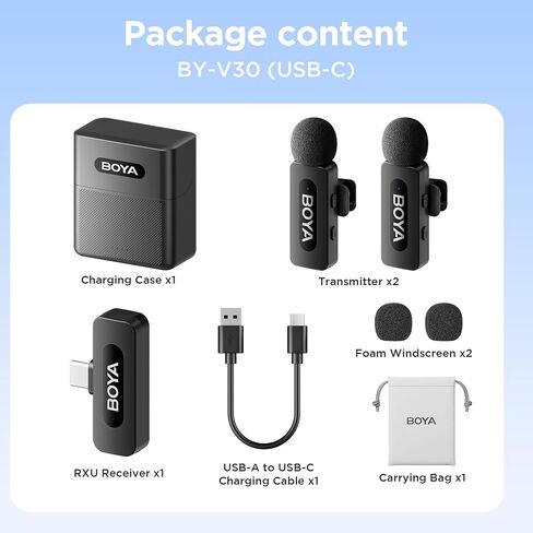 Boya BY-V30 لافالييه لافالييه الميكروفون ، USB Type-C Mini Mini MICs لـ iPhone16 ، الهاتف الذكي Android ، بطارية 36 ساعة ، تقليل الضوضاء ، 328 قدمًا من مكثف المكثف لمقابلة YouTube Tiktok in Kuwait