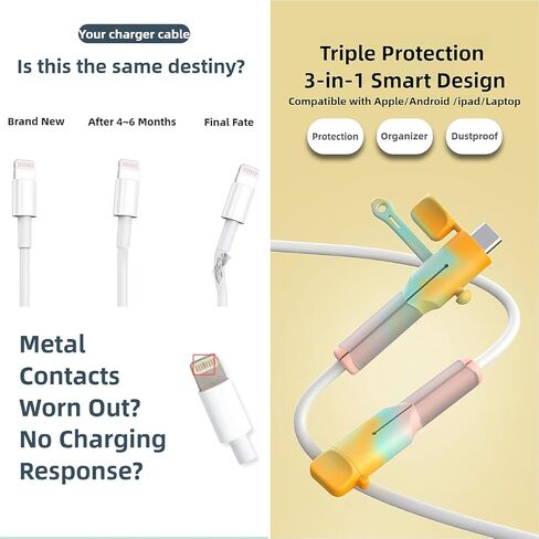Charger Cable Protector 6 Sets (12pcs) - Silicone Non-Slip Cord Savers Compatible with iPhone/Android/Type-C, 3-in-1 Dustproof+Organizer+Protection, 6 Colors USB Wire Protector for Home & Gift in Saudi Arabia
