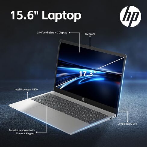 HP 15.6" Laptop, Intel Pentium N200 Processor, 16GB RAM, 128GB UFS, Intel UHD Graphics, Windows 11 Home, Anti-Glare HD Display, Webcam, Wi-Fi, Bluetooth, Alpacatec Accessories, Silver(Renewed) in Kuwait