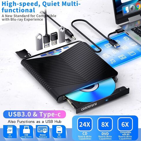 Support for Blu-ray External Drive, Support for Blu-ray DVD/CD Player/Read/Write, USB 3.0 &/Type-C, Support for Blu-ray/DVD/CD, BD Drive, Windows 7-11 & Mac, PC-Compatible, M-DISC(Black) in Saudi Arabia