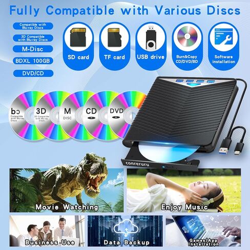 Support for Blu-ray External Drive, Support for Blu-ray DVD/CD Player/Read/Write, USB 3.0 &/Type-C, Support for Blu-ray/DVD/CD, BD Drive, Windows 7-11 & Mac, PC-Compatible, M-DISC(Black) in Saudi Arabia