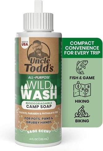 Uncle Todd's Wild Wash Biodegradable Soap, Camping Soap Ideal for Dishes, Body, Hands, and Clothes - 4oz, Sage Scent in Kuwait