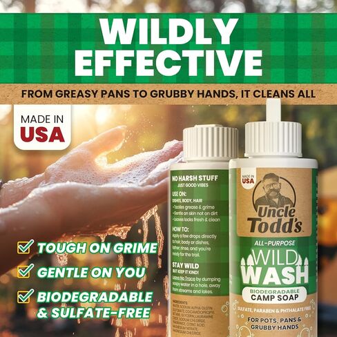 Uncle Todd's Wild Wash Biodegradable Soap, Camping Soap Ideal for Dishes, Body, Hands, and Clothes - 4oz, Sage Scent in Kuwait