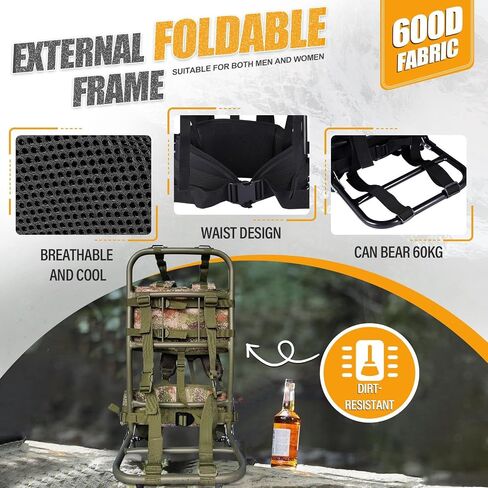 External Frame Hiking Backpack - Foldable Aluminum Hunting Pack Frame │ 60kg Load Capacity │ Adjustable Top Frame & Breathable Mesh For Camping, Hiking, Travel (Camouflage) in Saudi Arabia