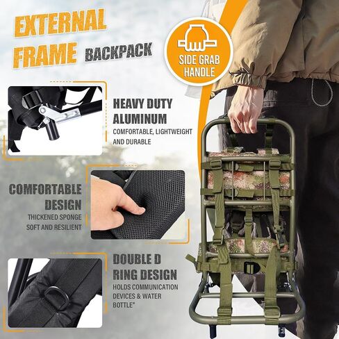 External Frame Hiking Backpack - Foldable Aluminum Hunting Pack Frame │ 60kg Load Capacity │ Adjustable Top Frame & Breathable Mesh For Camping, Hiking, Travel (Camouflage) in Saudi Arabia