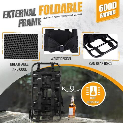 External Frame Hiking Backpack - Foldable Aluminum Hunting Pack Frame │ 60kg Load Capacity │ Adjustable Top Frame & Breathable Mesh For Camping, Hiking, Travel (Camouflage) in Saudi Arabia