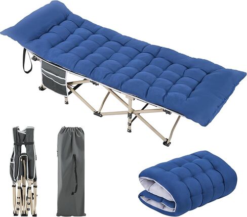 Yaheetech Folding Camping Cot Heavy Duty with Thick Mat & Carry Bag | 600D Oxford fabric, 330lb weight capacity, side storage pockets for camping office home rest in Kuwait