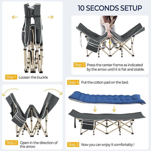Yaheetech Folding Camping Cot Heavy Duty with Thick Mat & Carry Bag | 600D Oxford fabric, 330lb weight capacity, side storage pockets for camping office home rest in Kuwait