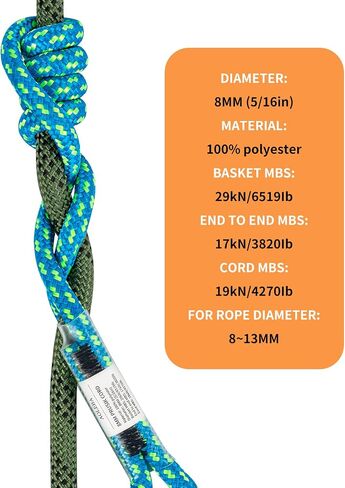 Aoleba 8mm (5/16 ") Prusik Cord ، حلقة Prusik قبل الظهر ، ومسار السلامة تسلق معدات تسلق Arborist Rescue Mountaineing ، وتسلق الحبل في الهواء الطلق 30 بوصة في الهواء الطلق in Kuwait
