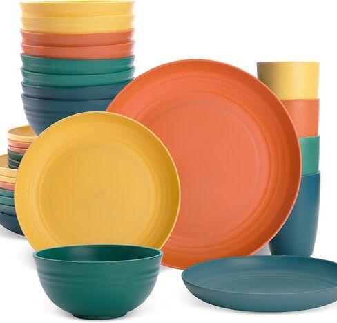 Camping Plates Cups and Bowls Set Green Reusable Microwave Safe Lightweight Unbreakable Plastic Dishes Set for Kids Elderly Kitchen Adults Outdoor,32 Pcs Wheat Straw Dinnerware Sets for 8 in Saudi Arabia