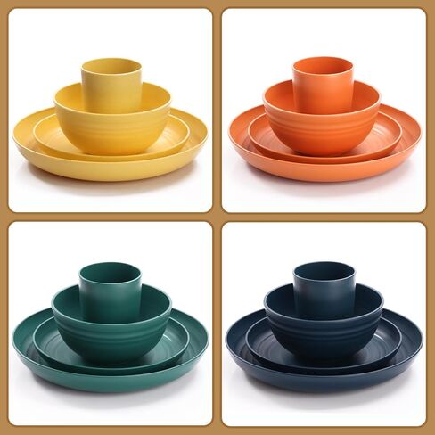 Camping Plates Cups and Bowls Set Green Reusable Microwave Safe Lightweight Unbreakable Plastic Dishes Set for Kids Elderly Kitchen Adults Outdoor,32 Pcs Wheat Straw Dinnerware Sets for 8 in Saudi Arabia