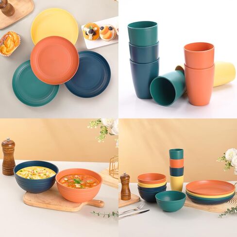 Camping Plates Cups and Bowls Set Green Reusable Microwave Safe Lightweight Unbreakable Plastic Dishes Set for Kids Elderly Kitchen Adults Outdoor,32 Pcs Wheat Straw Dinnerware Sets for 8 in Saudi Arabia