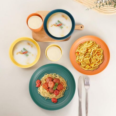Camping Plates Cups and Bowls Set Green Reusable Microwave Safe Lightweight Unbreakable Plastic Dishes Set for Kids Elderly Kitchen Adults Outdoor,32 Pcs Wheat Straw Dinnerware Sets for 8 in Saudi Arabia