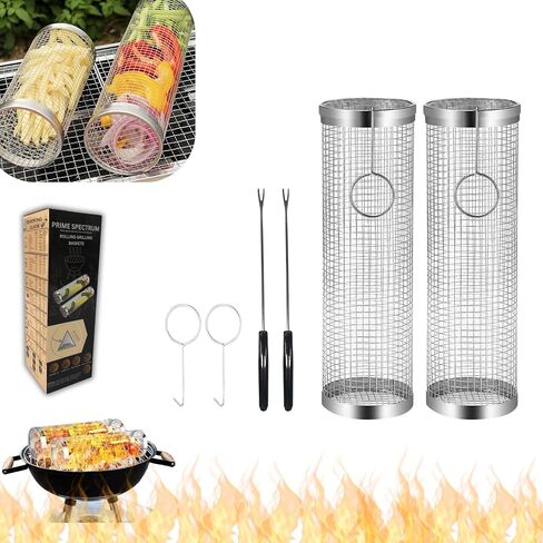 Rolling Grilling Basket for Outdoor Grilling - 2PCS - Stainless Steel BBQ Accessories, Grill Accessories for Outdoor Grill & Camping Cooking, The Perfect Way to Grill Vegetables in Saudi Arabia