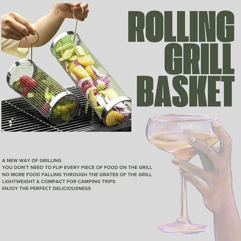 Rolling Grilling Basket for Outdoor Grilling - 2PCS - Stainless Steel BBQ Accessories, Grill Accessories for Outdoor Grill & Camping Cooking, The Perfect Way to Grill Vegetables in Saudi Arabia