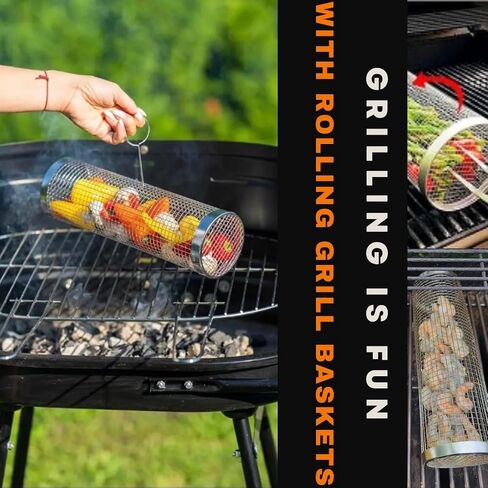 Rolling Grilling Basket for Outdoor Grilling - 2PCS - Stainless Steel BBQ Accessories, Grill Accessories for Outdoor Grill & Camping Cooking, The Perfect Way to Grill Vegetables in Saudi Arabia