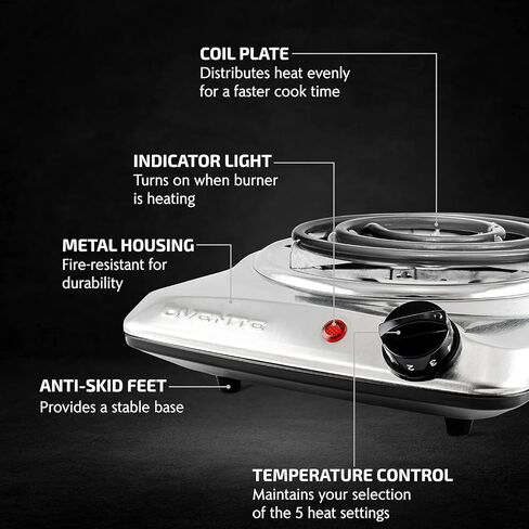 Ovente Electric Countertop الموقد الفردي ، 1000 واط مع الطهي مع لوحة ساخنة من الحديد الزهر 7.25 بوصة ، والتحكم في درجة حرارة 5 مستوى ، وموقد طهي مضغوط وسهولة تنظيف الفولاذ المقاوم للصدأ ، الأسود BGS101B in Kuwait