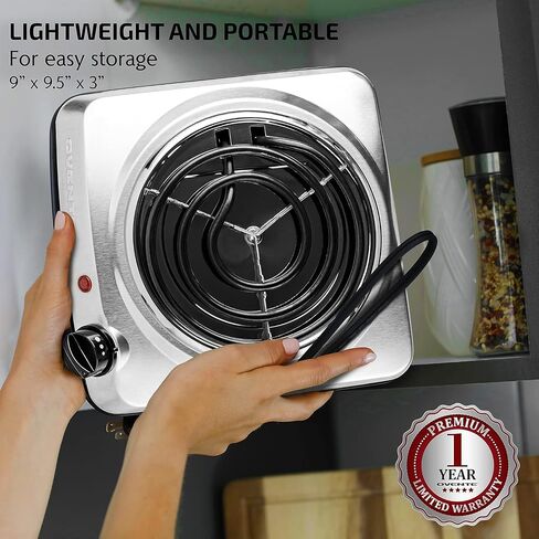 Ovente Electric Countertop الموقد الفردي ، 1000 واط مع الطهي مع لوحة ساخنة من الحديد الزهر 7.25 بوصة ، والتحكم في درجة حرارة 5 مستوى ، وموقد طهي مضغوط وسهولة تنظيف الفولاذ المقاوم للصدأ ، الأسود BGS101B in Kuwait