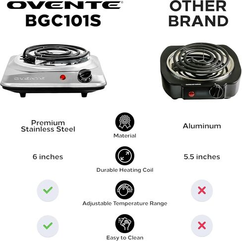 Ovente Electric Countertop الموقد الفردي ، 1000 واط مع الطهي مع لوحة ساخنة من الحديد الزهر 7.25 بوصة ، والتحكم في درجة حرارة 5 مستوى ، وموقد طهي مضغوط وسهولة تنظيف الفولاذ المقاوم للصدأ ، الأسود BGS101B in Kuwait