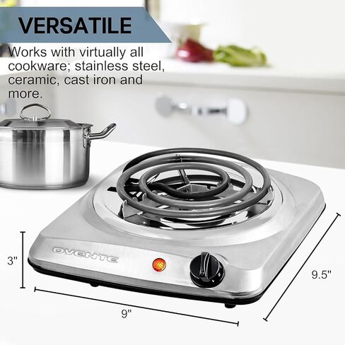 Ovente Electric Countertop الموقد الفردي ، 1000 واط مع الطهي مع لوحة ساخنة من الحديد الزهر 7.25 بوصة ، والتحكم في درجة حرارة 5 مستوى ، وموقد طهي مضغوط وسهولة تنظيف الفولاذ المقاوم للصدأ ، الأسود BGS101B in Kuwait