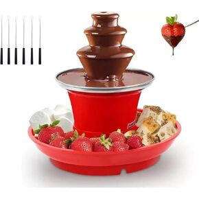 نافورة شوكولاتة صغيرة من 3 مستويات 65W 110 فولت شوكولاتة فوندو فوندو فوندو مع شوكة فوندو 6pcs وفواكه الإزالة التي تقدم درجًا شوكولاتة كهربائية للحفلة ، زفاف ، عيد ميلاد