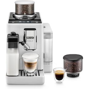 De'Longhi Rivelia Automatic Espresso Machine with Grinder & Milk Frother – All-in-One Coffee Maker, Hot & Iced Latte, Cappuccino, Bean Switch System, Burr Grinder, Compact Italian Design, White