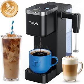 Single Serve Coffee Maker with Detachable Milk Frother, Iced and Hot Coffee Machine for K Cup & Grounds, 40oz Removable Water Reservoir, 6 Brew Sizes, Fits 7.3" Travel Mug, Black
