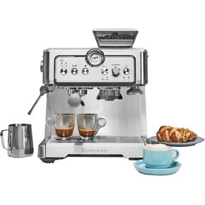 Kenmore Espresso Machine – Semi Automatic Coffee Maker With Manual Tamper, Auto Cleaning, Milk Steamer & Frother, Bean Grinder, Make Professional Barista Style Cappuccino, Café Latte, Stainless Steel