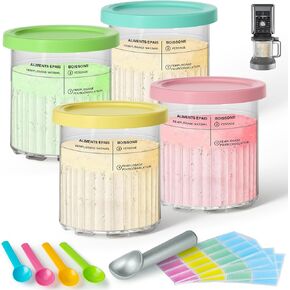 4 Pack Creami Deluxe Pints & Lids for Ninja, 24 Oz Compatible with NC500 NC501 Series Ice Cream Makers, with 5 Spoons & 64 Writable Labels, BPA-Free & Dishwasher Safe, 4 Color Lids