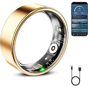 Smart Ring for Women & Men, Smart Ring Health Tracker, Heart Rate Monitor Sleep Ring, Waterproof Fitness Ring, Long Lasting Battery Smart Rings (Gold, #7)