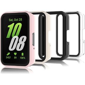 4 Pack Hard PC Glass Screen Protector Case Compatible with Samsung Galaxy Fit 3, Full Coverage HD Ultra-Thin Bumper Case Compatible with Galaxy Fit 3, Clear/Black/Beige/Pink