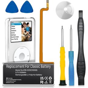 900mAh 616-0232 Battery Replacement Compatible with iPod 5th -7th Generation Video Classic A1136 A1238 (5th 30GB 6th 80GB 6.5th 120GB 7th 160GB) with Repair Tool Kits