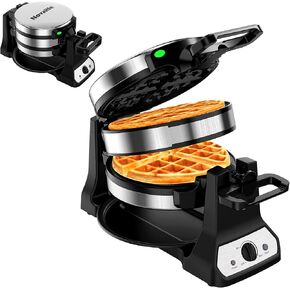 Waffle Maker, 1400W Belgian Waffle Maker, Double Waffle Iron 180° Flip, Rotating Nonstick Plates, Adjustable Browning Control, Locking Buckle & Cool Touch Handle, Removable Drip Tray, Stainless Steel