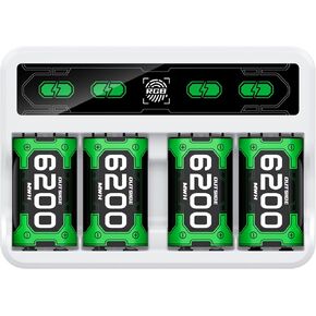 Xbox One Battery & Charger Sets - 4X 6200mWh Rechargeable Battery Pack with Touch Control LED Light for Xbox One/Series X|S Controllers, White