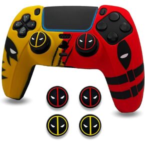 Yellow and Red Dpool vs Wolve Anti-Slip Silicone Cover Skin for PS5 Controller, Soft Rubber Case for PS5 Wireless Controller With Thumb Grip Set