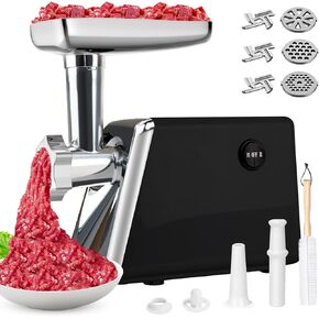 Meat Grinder: [3500W Advanced Motor] [Ultra-Intelligent Thermal Protection] Upgraded Sausage Stuffer with 6 PCS Stainless Steel Blades&Grinding Plates, Sausage Stuffer Tubes&Kubbe (Black NEW)