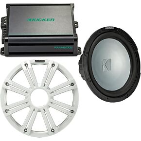 Kicker 12 Inch LED Marine Subwoofer in White with 600 Watt Amplifier Bundle