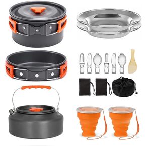 Camping Cookware Camping Cooking Set, Non-Stick Pots and Pans with Stove and Kettle, 2 Stainless Steel Plates, 2 Water Cups, 2 Sets of Knives and Forks, Spatula, Dish Towel, Backpack Storage Bag