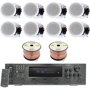 Home Theater System Kit - 6 Channel 6000 Watts Bluetooth Amplifier, 8 Qty of 8" Framed Ceiling Speakers 300 W Each, 16 AWG 500 ft Speaker Wire & Remote Ideal for Home, Office by Technical Pro
