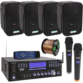 Pyle 3000W Bluetooth USB Home Theater Preamp AM/FM Stereo Receiver System with 2 Wireless Mics - Bundle Combo with 4x 3.5" 300W Indoor/Outdoor Black Waterproof Speakers, 16 Gauge 50 Feet Speaker Wire