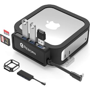 Reborn Mac mini M4 Dock & Case Black | 5-Port USB-C Hub with 5G 3* USB-A 3.0, SD TF 3.0 Card Reader | High-Speed Data Transfer & Multi-Device Connectivity for Mac mini M4 and M4 Pro 2024